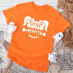 Pomarańczowa-koszulka-dla-dziewczynki-na-halloween-Little-Monster.webp