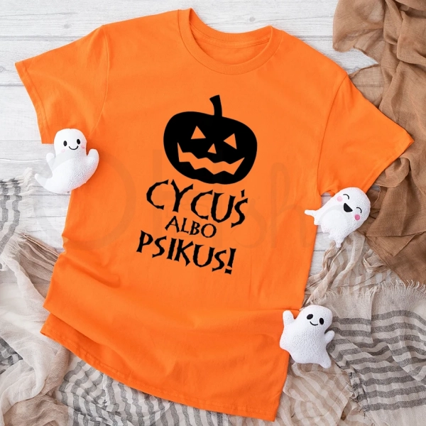 Pomarańczowa-koszulka-dziecięca-na-halloween-cycuś-albo-psikus.webp