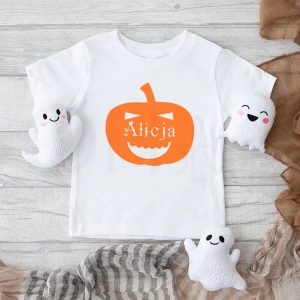 Biała-koszulka-dziecięca-na-halloween-dynia-z-imieniem-dziecka.webp