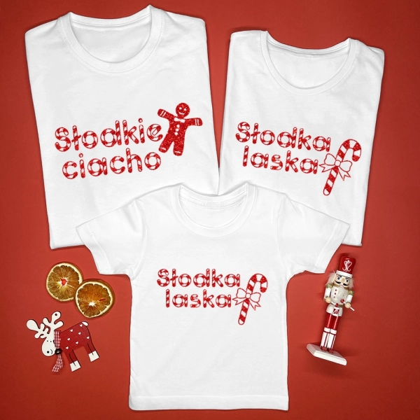 Białe-koszulki-zestaw-rodzinny-słodka-laska-słodkie-ciacho-czerwony-brokat.webp