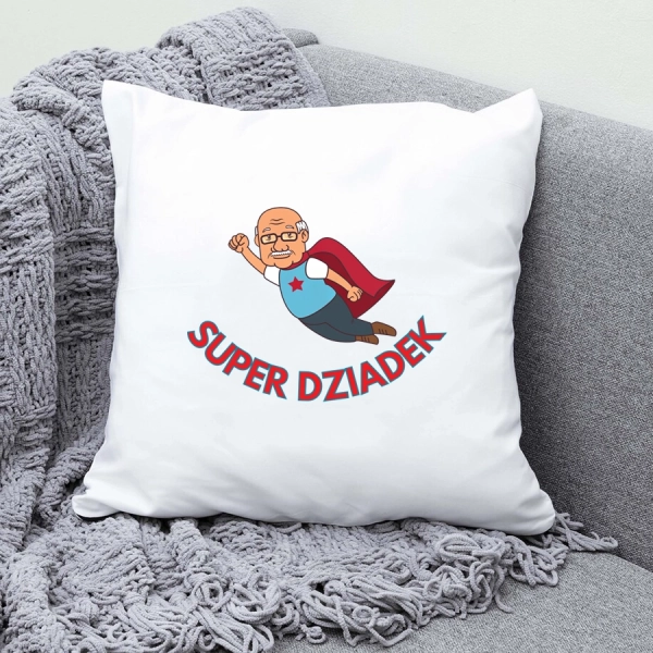 Poduszka-biała-z-nadrukiem-super-dziadek-z-peleryną.webp