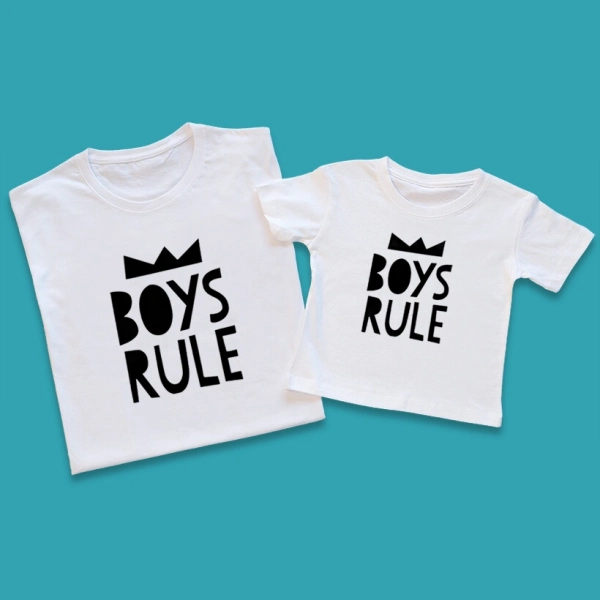 Koszulki-tata-syn-boys-rule-białe.webp