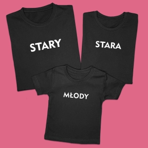 Komplet rodzinnych koszulek z nadrukiem Stary, Stara, Młoda lub Młody