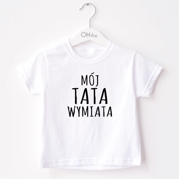 Biała-koszulka-dziecięca-mój-tata-wymiata.webp