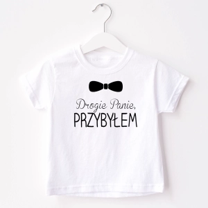 Biała-koszulka-dziecięca-drogie-panie-przybyłem.webp