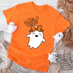 Pomarańczowa-koszulka-dla-dziewczynki-na-halloween-duszek-boo.webp