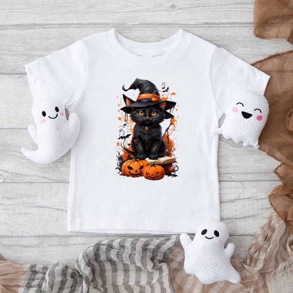 Biała-koszulka-dziecięca-na-halloween-kot-z-dyniami.webp