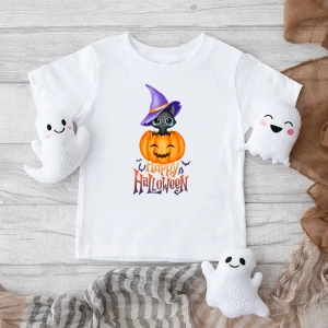 Happy Halloween z czarnym kotem bodziaki lub koszulka dla dziecka z nadrukiem
