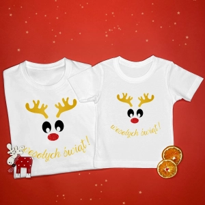 Renifer z napisem Wesołych Świąt komplet dla rodzica i dziecka