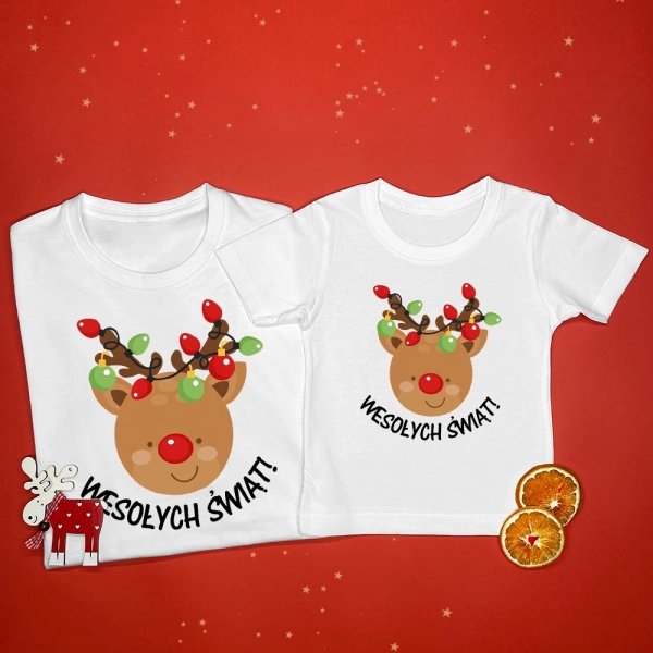 Białe-koszulki-dorosły-dziecko-wesołych-świąt-renifer-lampki.webp