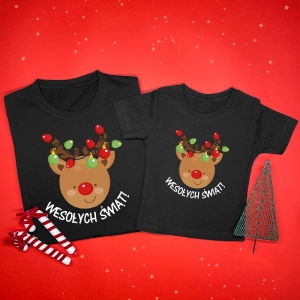 Czarne-koszulki-dorosły-dziecko-wesołych-świąt-renifer-lampki.webp
