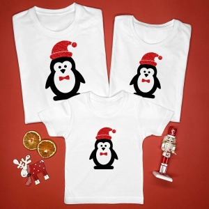 Świąteczne pingwinki zestaw koszulek z nadrukiem dla całej rodziny