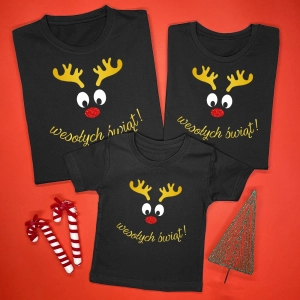 Renifer z napisem Wesołych Świąt komplet koszulek dla całej rodziny