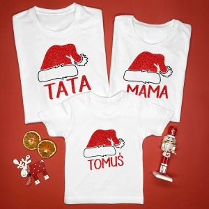Czapka Mikołaja z imionami zestaw koszulek świątecznych dla całej rodziny