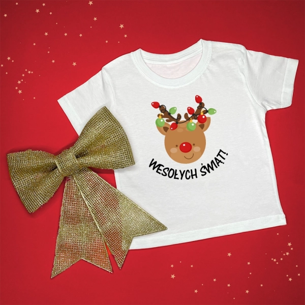 Biała-koszulka-dziecięca-boże-narodzenie-renifer-lampki.webp