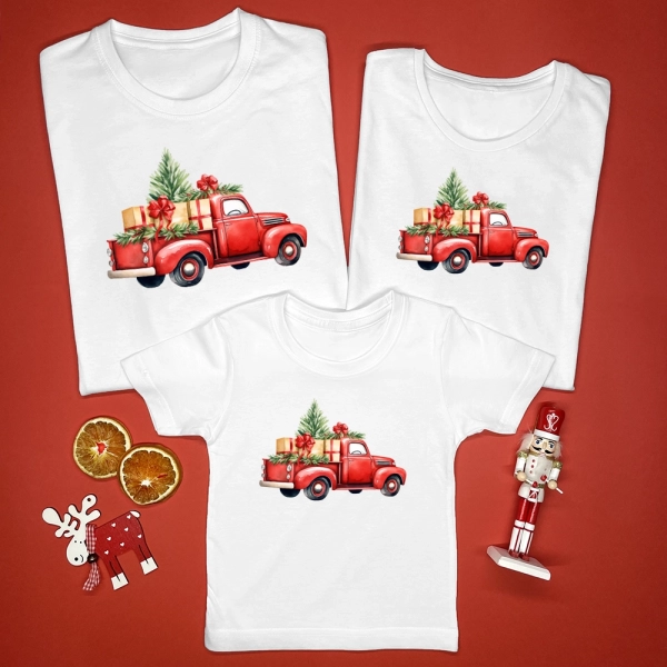Białe-koszulki-komplet-boże-narodzenie-czerwony-samochód.webp