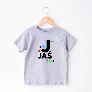 Szara-koszulka-dziecięca-imię-dzień-kropki.webp