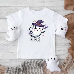 Biała koszulka dziecięca halloween-duszek-chłopiec.webp
