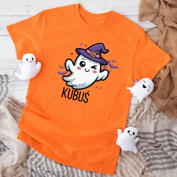 Pomarańczowa koszulka dziecięca halloween-duszek-chłopiec.webp