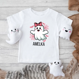 Biała koszulka dziecięca halloween-duszek-dziewczynka.webp