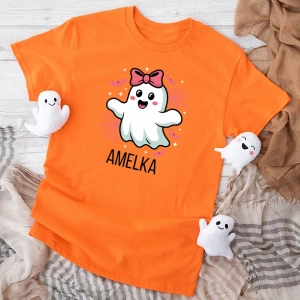 Pomarańczowa koszulka dziecięca halloween-duszek-dziewczynka.webp