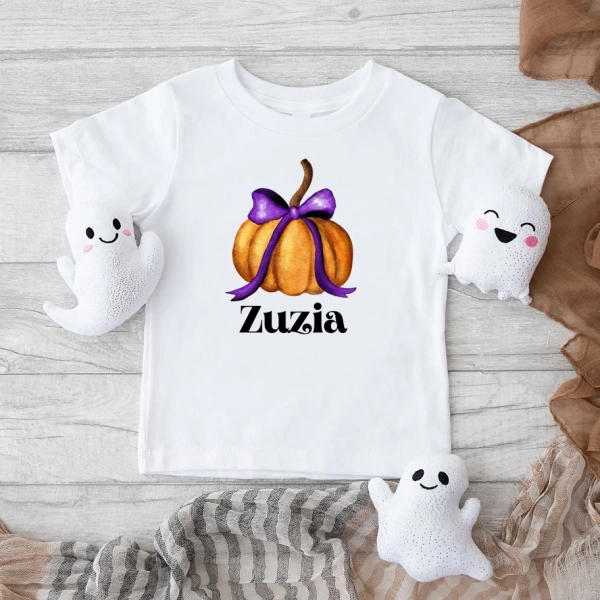 Biała koszulka dziecięca halloween-dynia-kokarda.webp