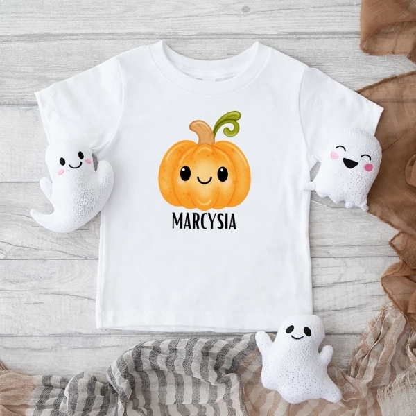 Biała koszulka dziecięca halloween-dynia-oczka-imię.webp
