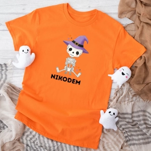 Pomarańczowa koszulka dziecięca halloween-kościotrup.webp