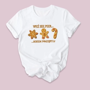 Damska koszulka ze świątecznym nadrukiem Weź się piernikiem poczęstuj