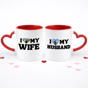 Zestaw kubków serce I LOVE MY WIFE HUSBAND ze zdjęciem