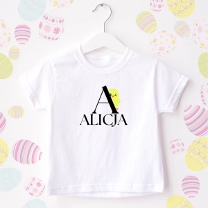 Biała-koszulka-dziecięca-wielkanoc-imie-z-kurczaczkiem.webp