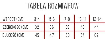 Tabela rozmiarów dziecięca koszulka sportowa